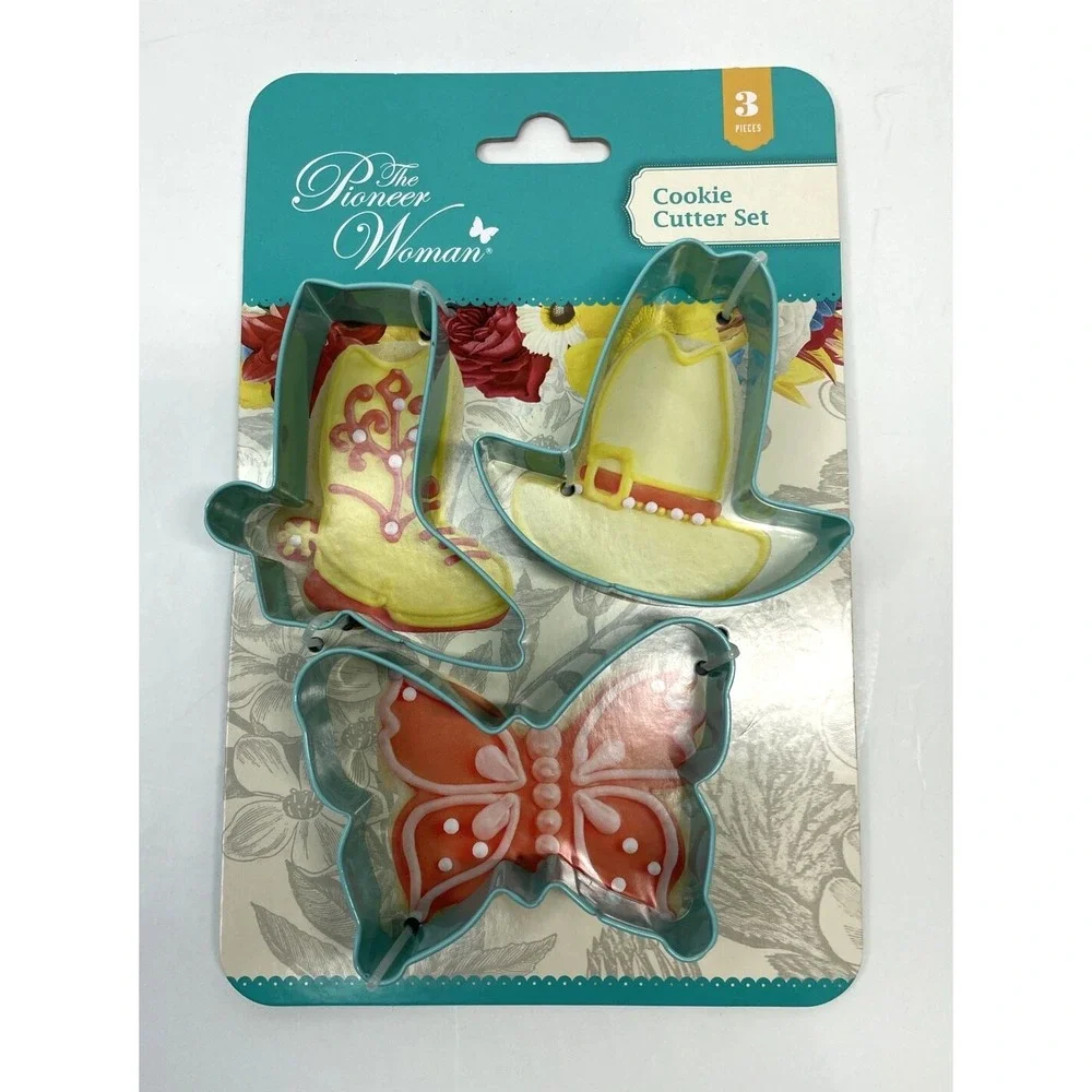 Pioneer Woman 3 Piece Cookie Cutter Set Cowboy Boot and Hat, Butterfly Farmhouse